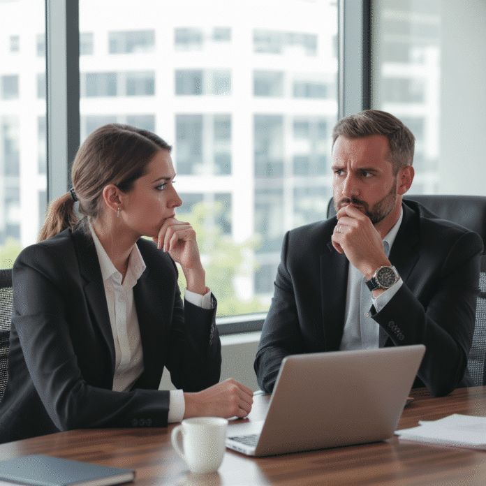 Deux professionnels sont assis à un bureau, avec un ordinateur portable et une tasse de café, et discutent de la manière d'évaluer les risques d'entreprise pour mieux éviter les risques au travail. Deux professionnels sont assis à un bureau, avec un ordinateur portable et une tasse de café, et discutent de la manière d'évaluer les risques d'entreprise pour mieux éviter les risques au travail.